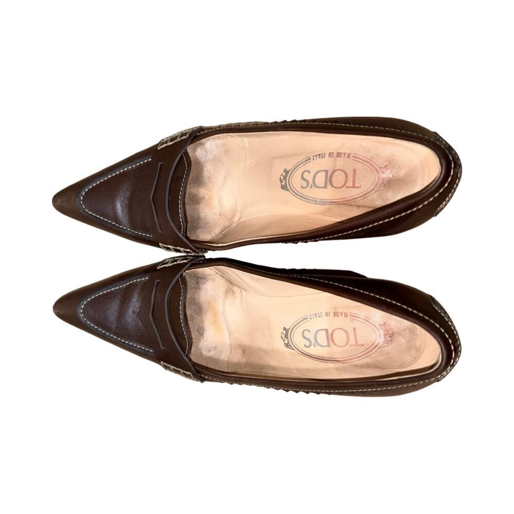 Tod's Italy Brown Leather Kitten Heels Penny Strap Pumps   Size: 7.5 - Picture 5 of 8